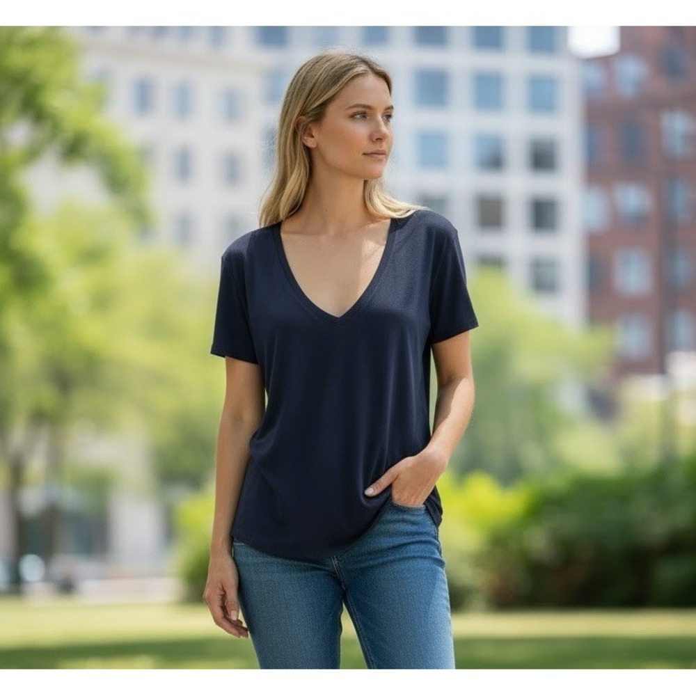 Adriano Goldschmied Women's S T-Shirt Tee SS Deep Scoop Navy NWOT